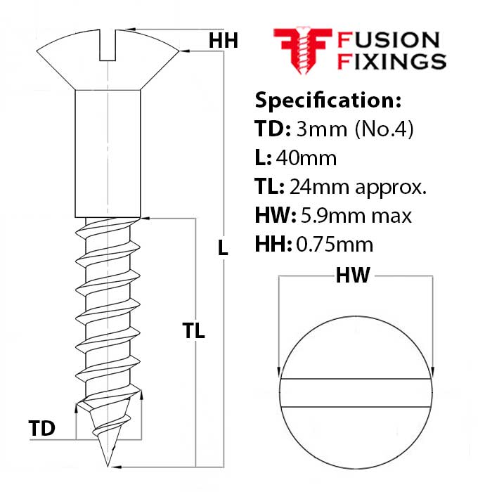 Size guide for 3mm (No.4) x 40mm Slotted Raised Countersunk Wood Screw, A2 Stainless Steel, DIN 95