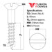 Size guide for 3mm (No.4) x 40mm Slotted Raised Countersunk Wood Screw, A2 Stainless Steel, DIN 95