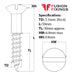 Size guide for 3.5mm (No.6) x 50mm Slotted Raised Countersunk Wood Screw, A2 Stainless Steel, DIN 95