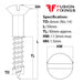 Size guide for 6mm (No.14) x 50mm Slotted Raised Countersunk Wood Screw, A2 Stainless Steel, DIN 95