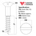 Size guide for 5mm (No.10) x 80mm Slotted Raised Countersunk Wood Screw, A2 Stainless Steel, DIN 95
