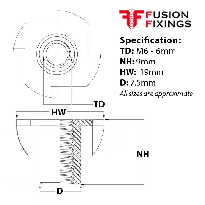 Size guide for the M6 x 9mm Tee Nut, Bright Zinc Plated