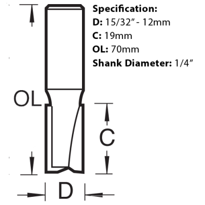 Trend TwoDimesion of the 2 Flute Cutter, 12mm diameter, TR12X1/4TC from Fusion Fixings. Part of a range of Trend two flute citters.