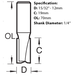 Trend TwoDimesion of the 2 Flute Cutter, 12mm diameter, TR12X1/4TC from Fusion Fixings. Part of a range of Trend two flute citters.