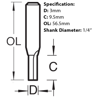 Size guide for the Trend Two Flute Router Cutter, 3mm x 9.5mm, C001AX1/4TC