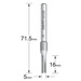 Dimensions for the Trend Two Flute Router Cutter with a 5mm x 16mm cutting head. C004X1/4TC. 