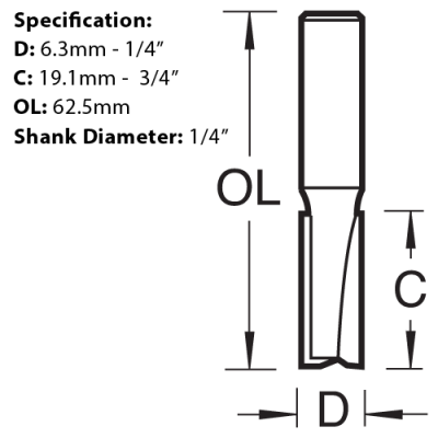 Cutter size diagram for the Trend Two Flute Cutter, 6.3mm x 19.1mm, C007X1/4TC