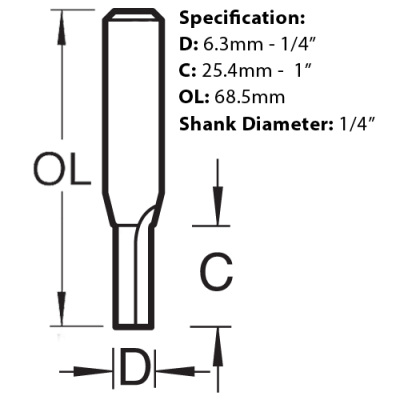 Trend Two Flute Cutter, 6.3mm diameter, C008X1/4TC, cutter diagram.