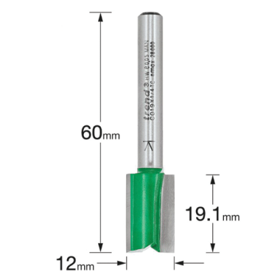 Size chart for the Trend Two Flute Router Cutter with a cutter size of 12mm x 19.1mm, C019X1/4TC