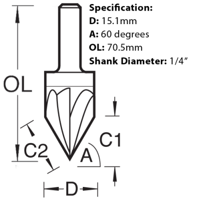 Trend Triple Flute Engraver, C043CX1/4TC. Size diagram.