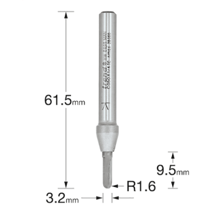 Cutter size diagram for the the Trend Solid Tungsten Radius Router Cutter, 1.6mm x 3.2mm, C050X1/4TC.