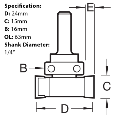 Size guide for the Trend Intumescent Router Cutter, 15 x 24mm (C220X1/4TC)