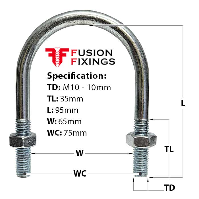 M10 U Bolt, 65mm width (Between Legs), Standard Leg, Mild Steel, Zinc Plated, BS 3974 (UB0050)