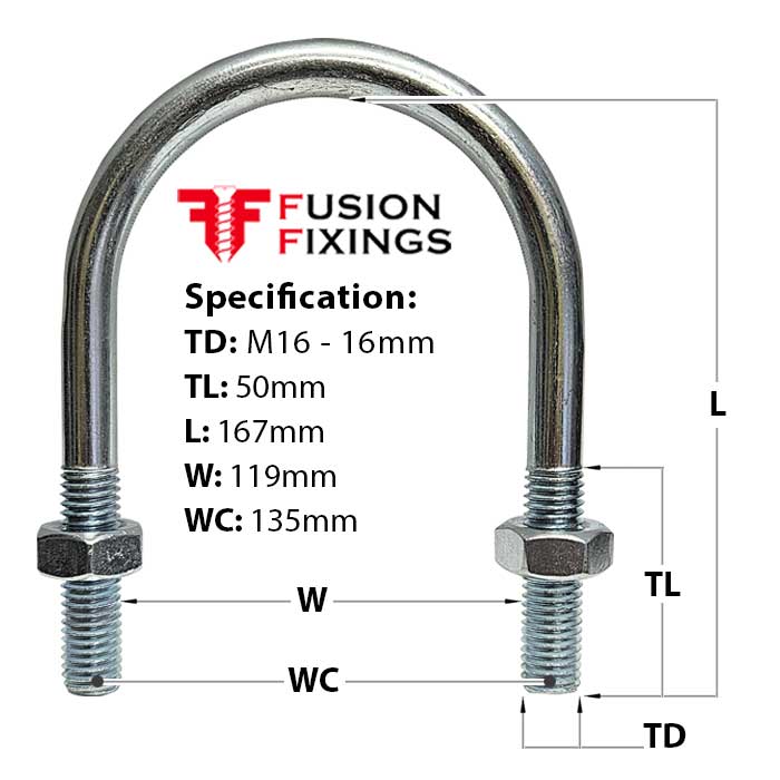Sie guide for the M16 U Bolt, 119mm width (Between Legs), Standard Leg, Mild Steel, Zinc Plated, BS 3974 (UB0100)