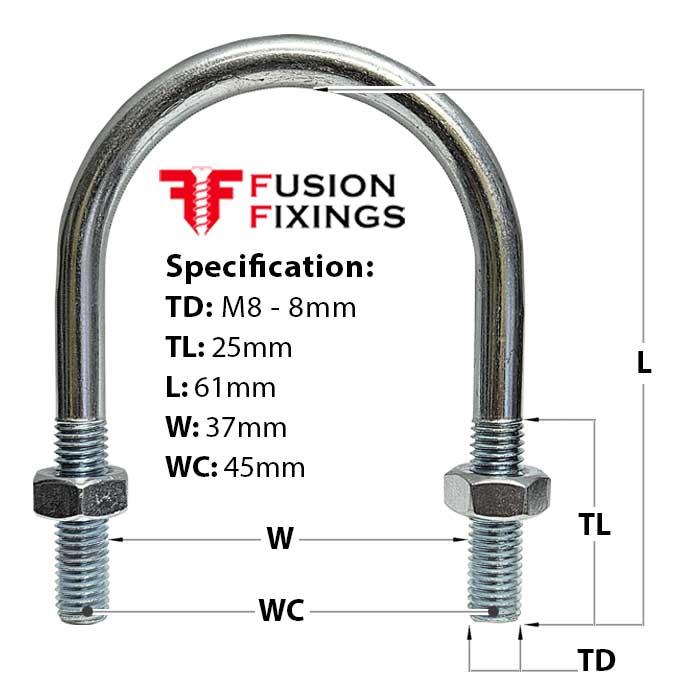 Size guide for the M8 U Bolt, 37mm width (Between Legs), Standard Leg, Mild Steel, Zinc Plated, BS 3974 (UB0025)