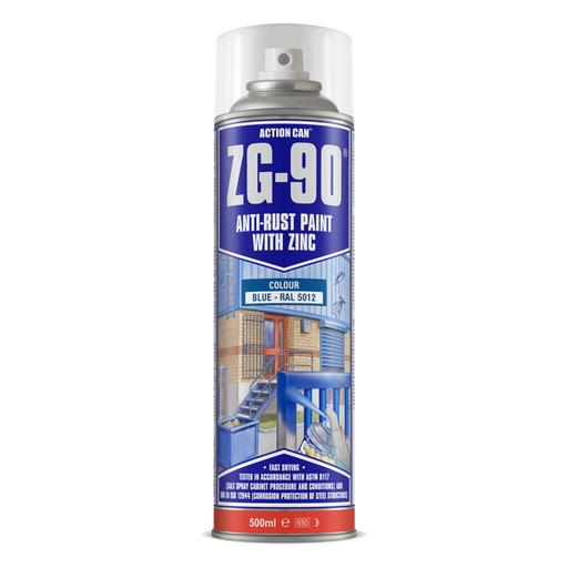Action Can ZG-90 form Fusion Fixings. Blue Spray Paint (RAL 5012) in a 500ml aerosol. Offering superior coverage, opacity, and protection against corrosion. 