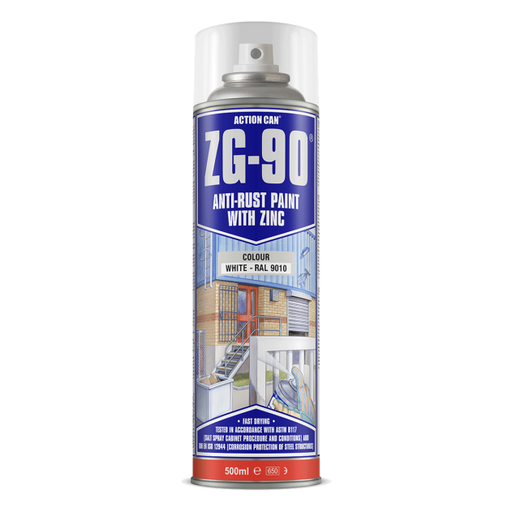 ACTION CAN ZG-90 white galvanised spray paint (RAL 9010). Fast, effective way to touch up galvanised structures . 500ml with bulk price discounts available. at Fusion Fixings.