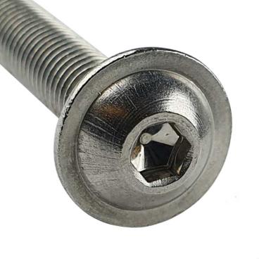 Detail image of the M3 x 45mm A2 stainless steel, flange, socket, button head screw from Fusion Fixings. Shows the hex, flanged button head that offerS the extra clamping force and torque during installation