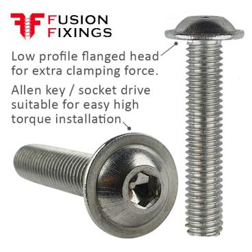 Part of a growing range of A2 stainless steel flanged button head screws from Fusion Fixings. The image shows key points of the A2 M5 x 35mm flanged socket button head screw from Fusion Fixings