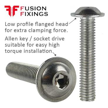 Part of a growing range of A2 stainless steel flanged button head screws from Fusion Fixings. The image shows key points of the A2 M10 x 75mm flanged socket button head screw from Fusion Fixings
