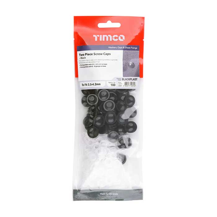 Packet for Two Piece Screw Caps, Black (RAL) 9005 for Screw Size 3.5mm - 4.2mm (No.6-No.8) - Pack of 100