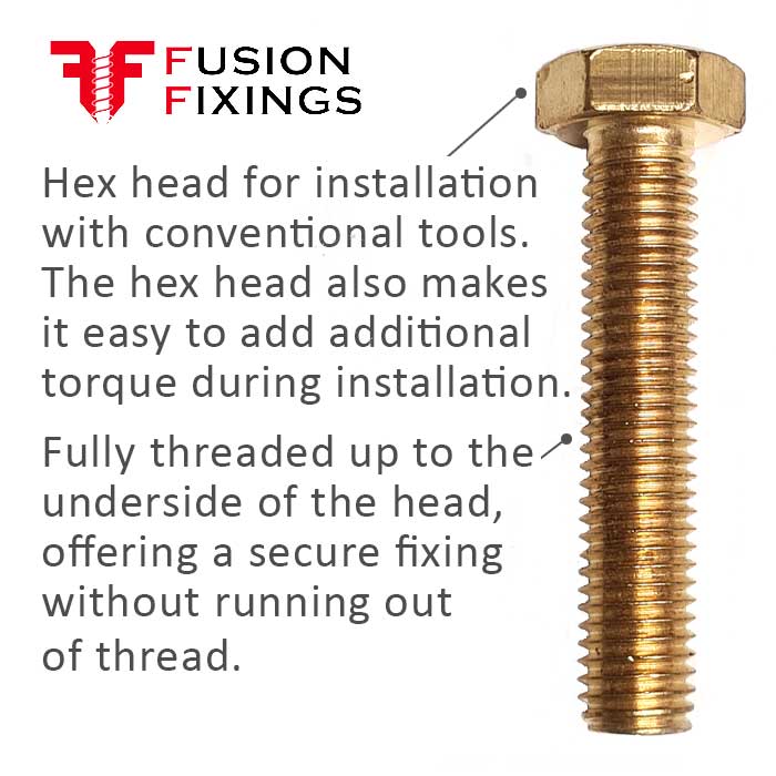 Information image highlighting the benifits of the M12 x 50mm Brass Hex Set Screw (Fully Threaded Bolt) DIN 933