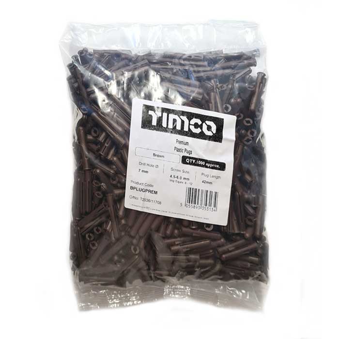 7 x 42mm Brown Premium Plastic Wall Plugs - Screw Size 4.5mm - 6mm (Bag of 1000)