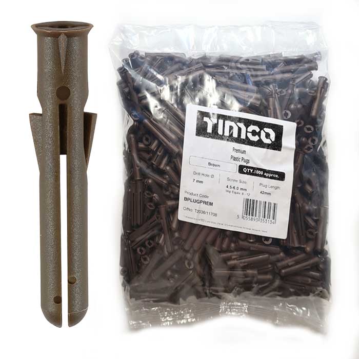 7 x 42mm Premium Brown Wall Plugs - Screw Size 4.5mm - 6mm - Bag of 1000