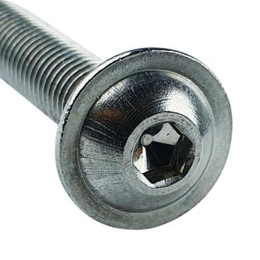 Detail image of the M10 x 35mm bright zinc plated, flange, socket, button head screw from Fusion Fixings. Shows the hex, flanged button head that offer the extra clamping force and torque during installation