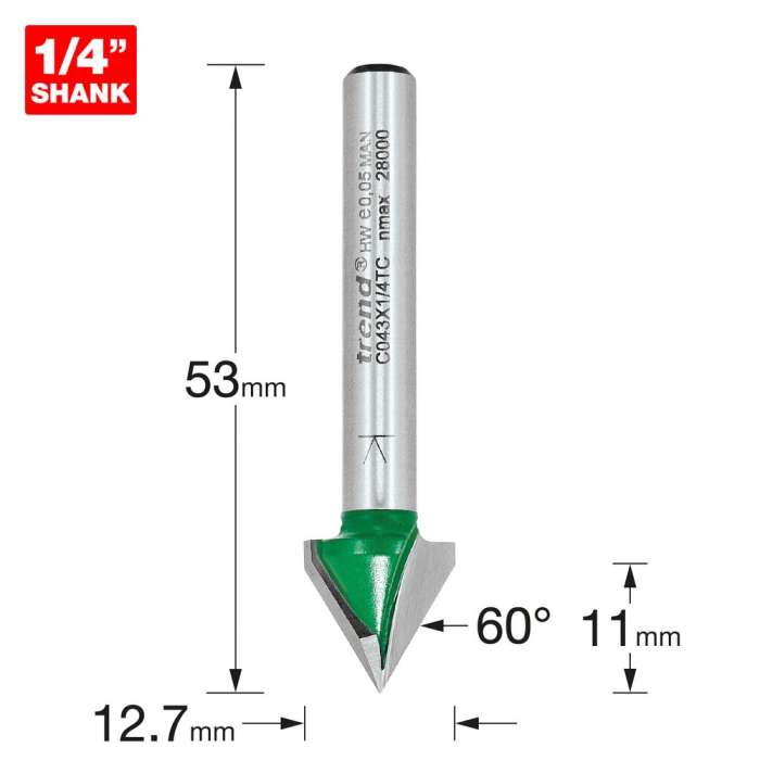12.7mm Dia. 60 Degrees Trend CraftPro Chamfer V Groove Router Cutter 1/4 Inch Shank (C043X1/4TC) - CLEARANCE