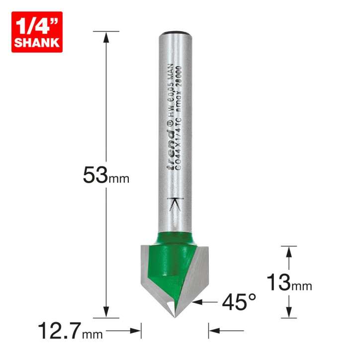 12.7mm Dia. 45 Degrees Trend CraftPro Chamfer V Groove Router Cutter 1/4 Inch Shank (C044X1/4TC) - CLEARANCE