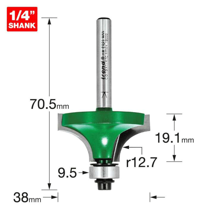 38mm Dia. x 19.1mm Cut Trend Rounding Over Router Cutter, 1/4 Inch Shank (C079X1/4TC) - CLEARANCE