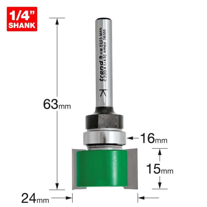 24mm Dia. x 15mm Cut Trend CraftPro Intumescent Router Cutter 1/4 Inch Shank (C220X1/4TC) - CLEARANCE