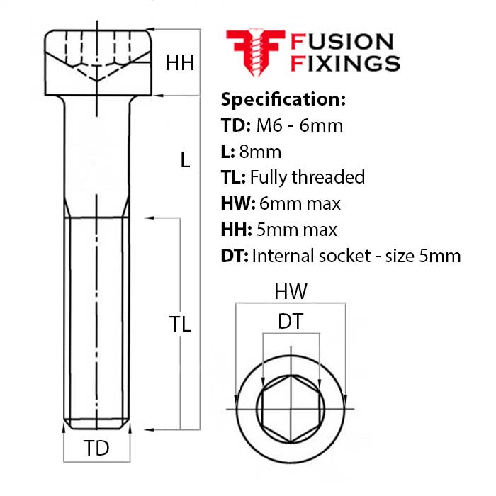 Size guide for the M6 x 8mm Socket Cap Head Screw, Self Colour, DIN 912