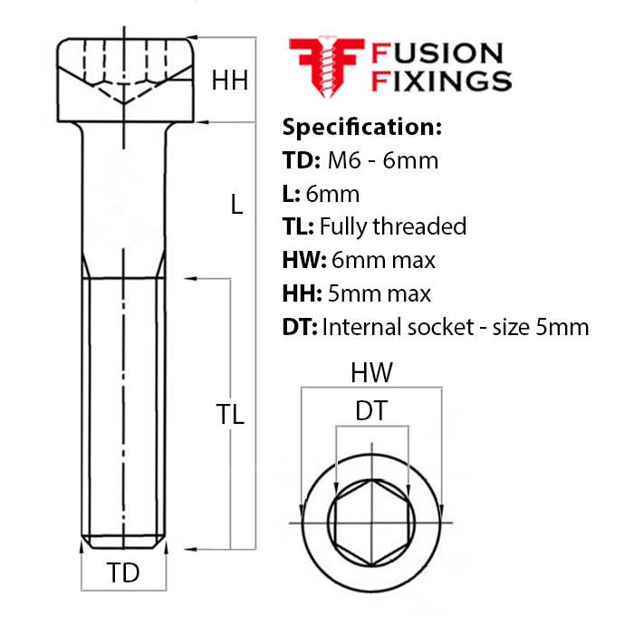 Size guide for the M6 x 6mm Socket Cap Head Screw, Self Colour, DIN 912