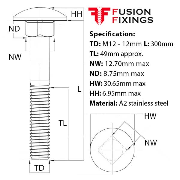 M12 x 300mm Carriage bolt (Coach Bolt), A2 (304) Stainless Steel, DIN 603
