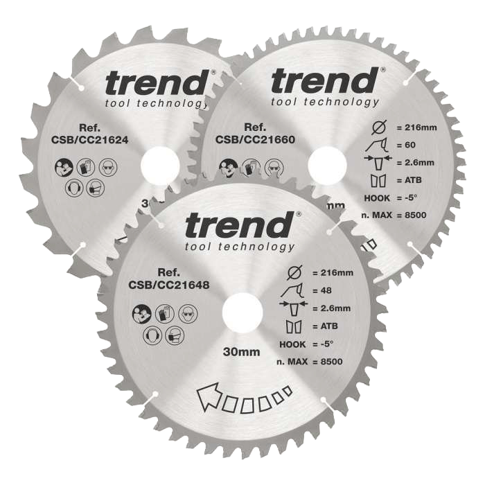 Set of 3 216mm x 30mm x 24T Trend Wood Mitre Saw Blade, CSB/CC216/3PK - CLEARANCE