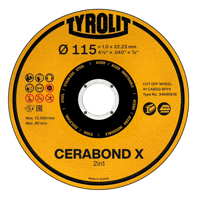 Tyrolit CERABOND X Cutting Discs, 115 x 1mm, Metal Cutting Discs, 41 CA60Q-BFPX (Tub of 25)