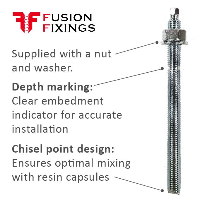 Info image for the Chemical Anchor Studs with Nuts & Washers, Grade 5.8 Steel, BZP