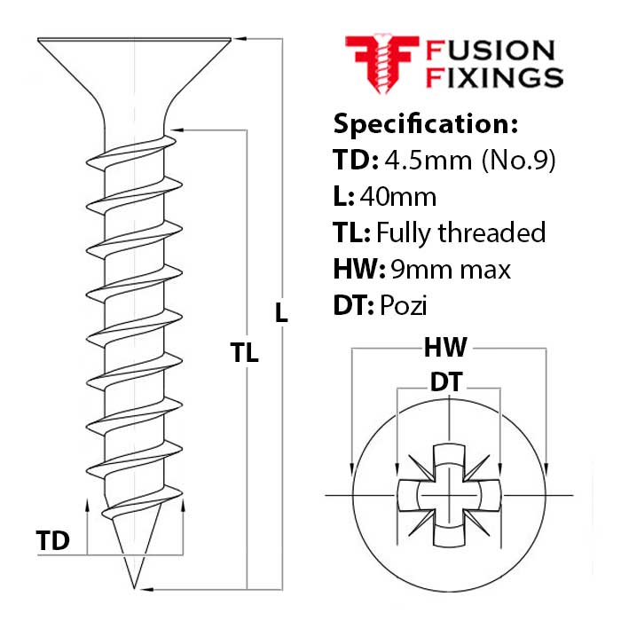 Size guide for the 4.5mm (No.9) x 40mm Pozi Countersunk Full-Thread Chipboard Screws A2 (304) Stainless Steel