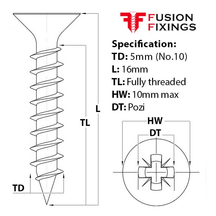 Size guide for the 5mm (No.10) x 16mm Pozi Countersunk Full-Thread Chipboard Screws A2 (304) Stainless Steel