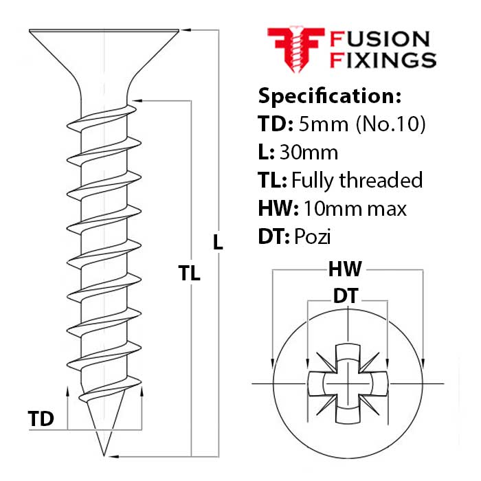 Size guide for the 5mm (No.10) x 30mm Pozi Countersunk Full-Thread Chipboard Screws A2 (304) Stainless Steel