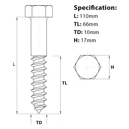 Size guide for the M10 x 110mm bright zinc plated (BZP) coach screw DIN 571. Heavy duty wood screw. Great for larger timber applications. Bulk discounts available. 