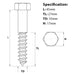 Size illustration for the M10 x 45mm Coach Screw A4 Stainless Steel DIN 571