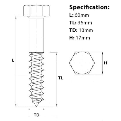 Size guide form the M10 x 60mm Coach Screw in A4 Stainless Steel.