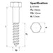 Size guide for M10 x 65mm Coach Screw A4 Stainless Steel DIN 571