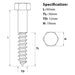 Size diagram ilustration for the M12 x 60mm Coach Screw BZP DIN 571