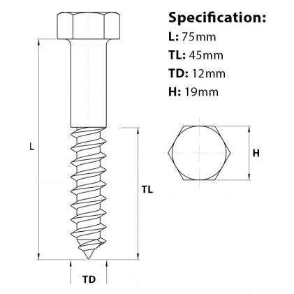 Size diagram for the Fusion Fixings M12 x 75mm Coach Screw BZP DIN 571