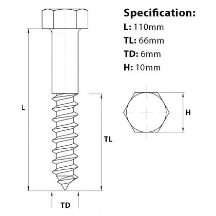 Size diagram for the M6 x 110mm Coach Screw A4 Stainless Steel from Fusion Fixings.