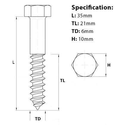 Size diagram for the M6 x 35mm Coach Screw in A4 Stainless Steel from Fusion Fixings.